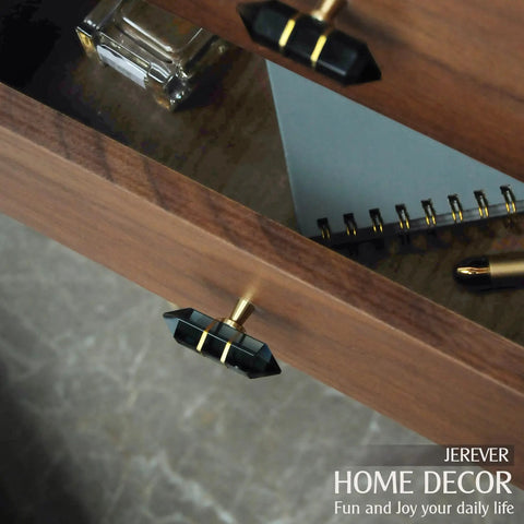 Open drawer with 4 Pack Hexagonal Crystal Glass Knobs With Copper Wire Wrapped On Brass Base Drawer Pulls For Cabinets Dressers And Kitchens Gold Finish Hardware With A Dope Modern Sleek Look In Black Option.