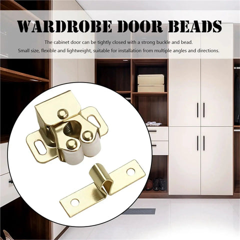 Heavy Duty Double Roller Door Catch Set For Sliding Doors And Closets With Magnetic Suction Stoppers Soft Buffer Anti Collision Design Premium Bronze Furniture Hardware Tools 40 Pack in bronze finish, shown with installation example.