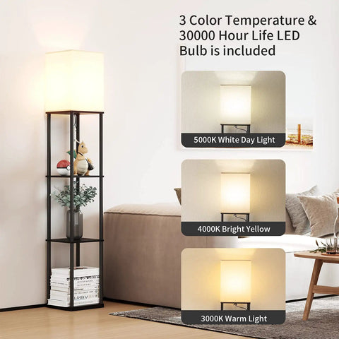 Space Saving Floor Lamp With Shelves, Modern Corner Shelf Lamp With 3 Color Temperature LED, black standing in living room