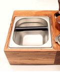 Premium Wood Coffee Tamping Station With Integrated Knock Box And Non Slip Tamper Pad For 58Mm Portafilter with stainless steel catch bin.