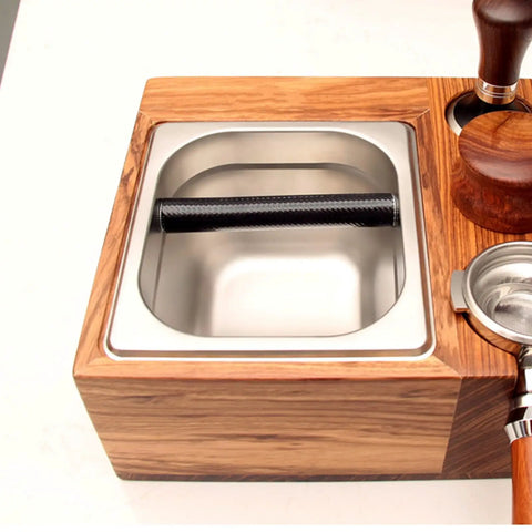 Premium Wood Coffee Tamping Station With Integrated Knock Box And Non Slip Tamper Pad For 58Mm Portafilter with stainless steel catch bin.