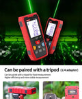 Built Different Green Laser Distance Meter Kicks Up To 70 Meters shown with green laser beam, tripod mount, and clear display.