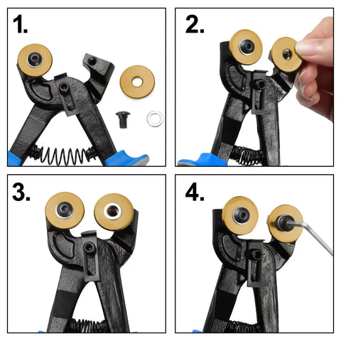 Top Shelf Replacement Cutting Wheel For Tile Cutters And Glass Nippers Built Tough High Strength Tungsten Carbide Scoring Blades Easy Swap Kit With Hardware And Hex Wrench installation steps with carbide wheels and tools shown.
