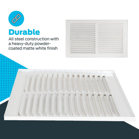 14 Inch By 6 Inch Return Air Vent Cover For Wall Or Ceiling, Solid Steel Grille, White HVAC Vent Cover With Two Vent Rows