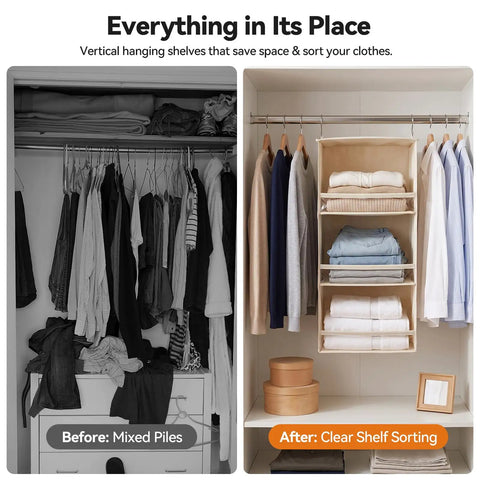 Image showing Top Quality Double Pack Hanging Closet Organizer With Three Tier Foldable Build to store clothes and towels.