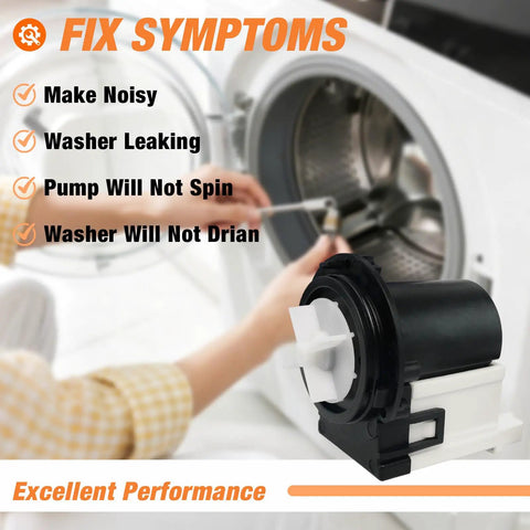 Top Shelf Washer Drain Pump Motor Replacement For LG And Kenmore Front Load Washers Model 4681Ea2001T shown next to a washing machine for repairs.