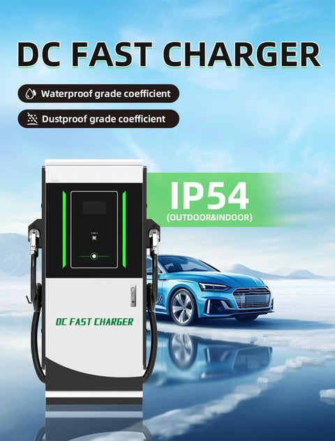 Heavy Duty Commercial DC EV Charger With Lightning Fast Charging And Plug And Play Setup For Fleets Highway Stops Built Tough With Remote Platform Monitoring Hella Durable Top Shelf Power Delivery close-up view with dual charging guns and waterproof features.