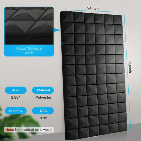 Four Piece Black Acoustic Foam Wall Panels 48 By 24 By 2 Inches High Density Fire Resistant designed for sound dampening.