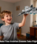 Child happily playing with Fighter Jet Building Set For Boys Ages 8 To 14 With Foldable Wings Realistic Cockpit Airplane Model Kit