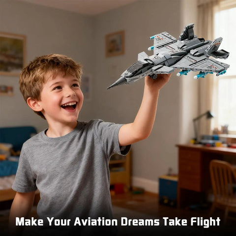 Child happily playing with Fighter Jet Building Set For Boys Ages 8 To 14 With Foldable Wings Realistic Cockpit Airplane Model Kit