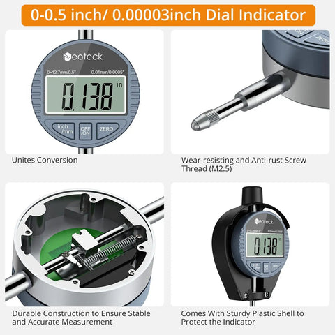 Pro Grade Deep Engine Cylinder Bore Gauge Set With Digital Indicator, self-centering dial, carbide anvils, insulated grips.