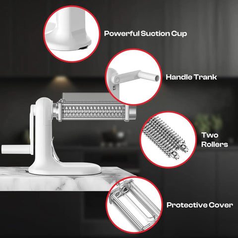 Must-Have Manual Meat Tenderizer Tool With Stainless Steel Gear, Durable Rolling Tenderizer, suction cup base, side view.