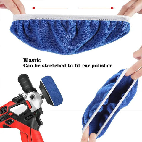 Blue microfiber polishing pad from 9 To 10 Inch Buffer Waxer Bonnet Set stretching to fit orbital polisher.