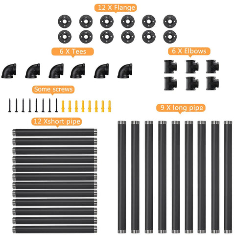 Components of Industrial Iron Pipe Shelving Brackets Unit for Farmhouse Wall Mounted Shelves, with pipes and fittings.