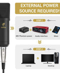 Setup guide for XLR Condenser Microphone Cardioid Studio Kit With T20 Boom Arm Shock Mount And Pop Filter, showing power source requirements.