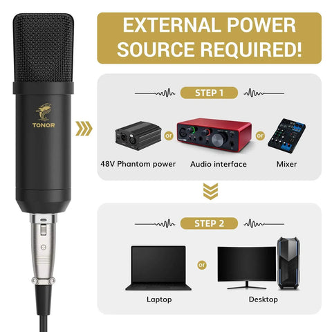 Setup guide for XLR Condenser Microphone Cardioid Studio Kit With T20 Boom Arm Shock Mount And Pop Filter, showing power source requirements.