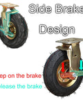 Heavy Duty 360 Degree Swivel Caster Wheels Pair Inflatable Rubber Tires With Parking Brake Side brake design detail image.
