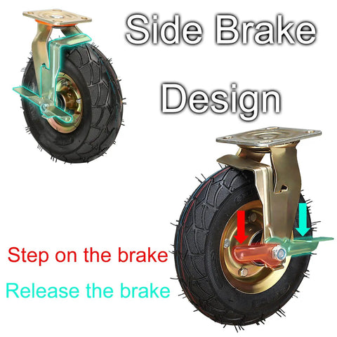 Heavy Duty 360 Degree Swivel Caster Wheels Pair Inflatable Rubber Tires With Parking Brake Side brake design detail image.