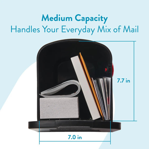 Rust-Proof Plastic Post Mounted Mailbox For Outdoor Use In Black, Medium Curbside Style, open with mail inside