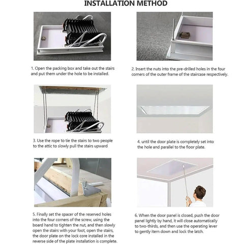 Installation method steps for Heavy Duty Electric Attic Ladder With Rock Solid Steel Frame And Super Smooth Telescoping Handrail.