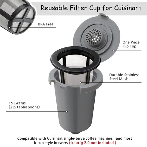 Reusable Filter Cup For Cuisinart HomeBarista Coffee Makers, Compatible With SS-RFC Series, Dark Gray, showing open lid and mesh.