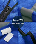 Close-up of Top Shelf Mesh Safety Vest Class Two High Visibility Reflective Work Gear Featuring Heavy Duty Pockets and Fully Customizable Branding For Job Sites Royal Blue showing zipper and mesh details.