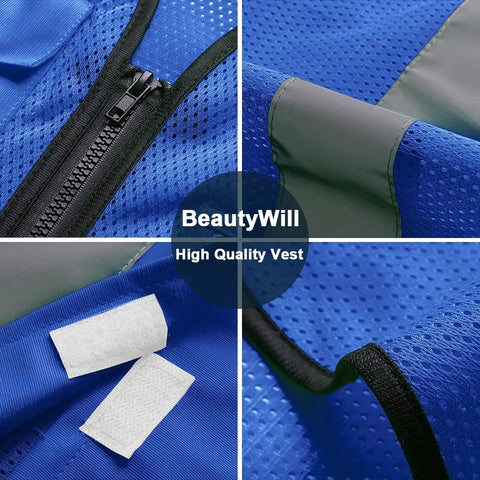 Close-up of Top Shelf Mesh Safety Vest Class Two High Visibility Reflective Work Gear Featuring Heavy Duty Pockets and Fully Customizable Branding For Job Sites Royal Blue showing zipper and mesh details.