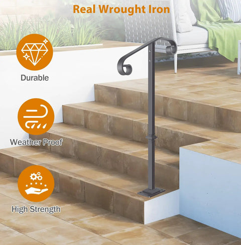 Sturdy Outdoor Stair Rail Handrail, 38.8 Inch High, Single Post Mount, Fits 1 or 2 Steps, Wrought Iron Gray Grab Rail installed on patio