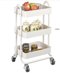 Three Tier Metal Rolling Cart With Wheels, Utility Cart On Casters For Office, Home, Kitchen Or Garden, White Finish, Lockable Casters For Stability, Easy Move And Flexible Storage with items displayed on tiers.