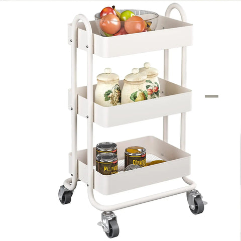 Three Tier Metal Rolling Cart With Wheels, Utility Cart On Casters For Office, Home, Kitchen Or Garden, White Finish, Lockable Casters For Stability, Easy Move And Flexible Storage with items displayed on tiers.