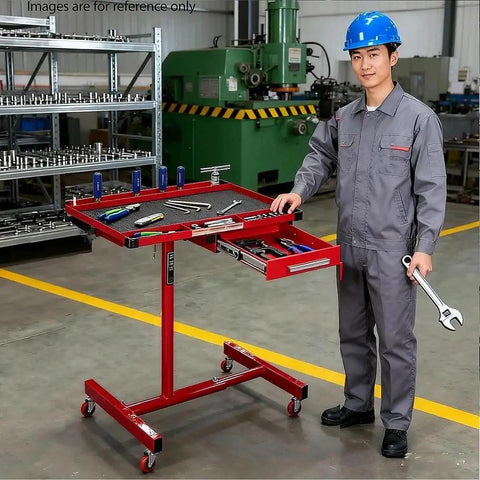 Mechanic using Rolling Tool Cart And Workbench On Wheels, Adjustable Height Heavy-Duty Mechanic Table With Drawers And Multi-Hole Hanging Board, Garage Shop Organizer For Fast Access, Efficient Repairs And Tidy Tools in workshop environment