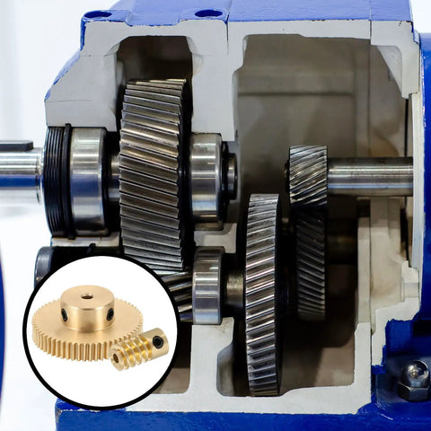 Brass Worm Gear Set 60T 0.5 Module 60 To 1 Reduction Right Rotation Drive Gear Box Wheel Transmission Part With Brass Gear 3mm Bore And Brass Rod 2mm Bore Heavy Duty Precision Gear Assembly, cutaway view