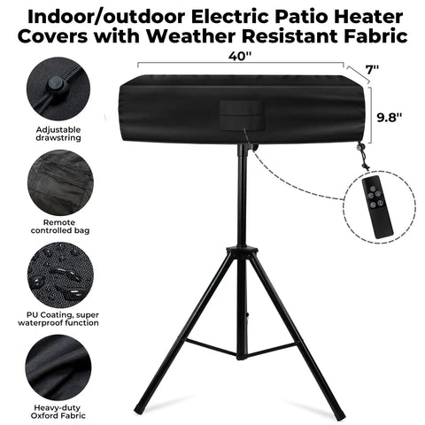 Heavy Duty Weatherproof Electric Patio Heater Cover With Remote Storage Bag Fits Most Portable Indoor and Outdoor Wall Mounted or Bracket Stand Heaters 40 Inches Long By 9.8 Inches Wide By 7 Inches High Tear Resistant Oxford Fabric on stand