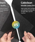 Comparison of Cabiclean HPA300 pre-filter and lower quality filter with hands holding both for Replacement Filter Kit For HPA300 HPA200 HPA100 And HPA090 Series Air Purifiers With 6 Primary Filters And 8 Activated Carbon Prefilters That Saves You Cash Replace HRF R3 HRF R2 HRF R1