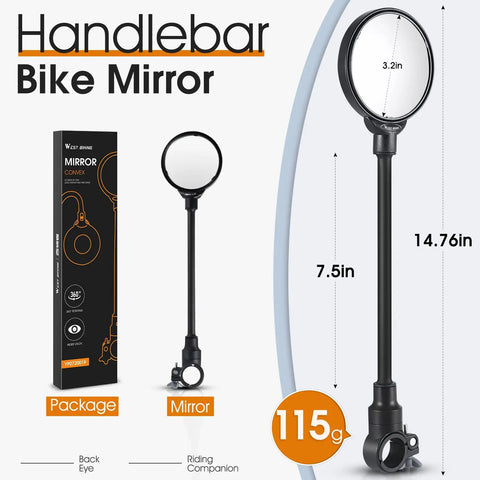 Rear View Bike Mirror Mount With Adjustable Rotatable Head, wide angle, 3.2in acrylic convex mirror, 115g, 14.76in length