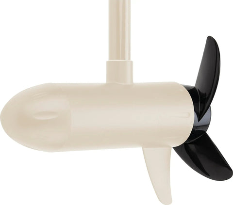 Chill On The Water With This Built Tough 45 Lb Peak Transom Mount Trolling Motor featuring a black and beige propeller.