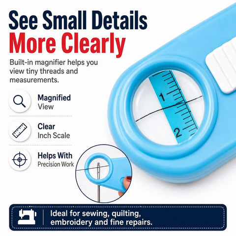 Automatic Needle Threader Tool With Built In Magnifier And Scale For Quick Sewing, Quilting, Embroidery And DIY Projects, No Fuss Threading In Seconds, Red blue plastic magnifier view with inch scale for sewing, quilting and embroidery