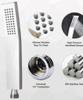 Collage showing Handheld Shower Head Kit With High Pressure Flow Wall Connector And Hose 304 Stainless Steel Chrome Finish Luxury Bathroom Shower System With Modern Square Design details.