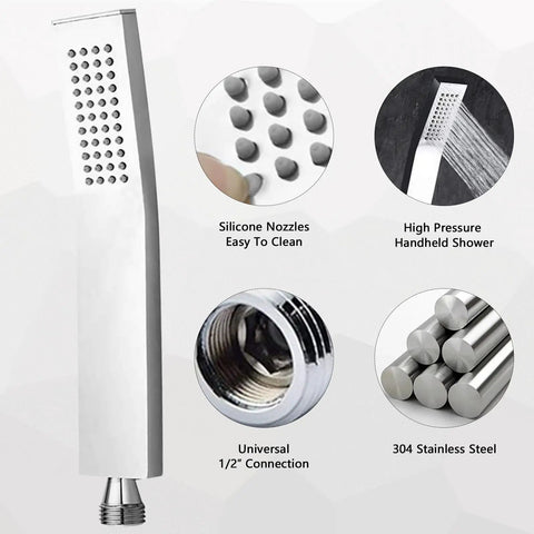 Collage showing Handheld Shower Head Kit With High Pressure Flow Wall Connector And Hose 304 Stainless Steel Chrome Finish Luxury Bathroom Shower System With Modern Square Design details.