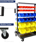 60 Bin Parts Bin Rack For Garage Storage 6 Tier Dual Sided Rolling Steel Shelf 350 Lb Capacity Heavy Duty Portable Wheels Mobile Tool Organizer With Plastic Bins, showing handle and caster details.