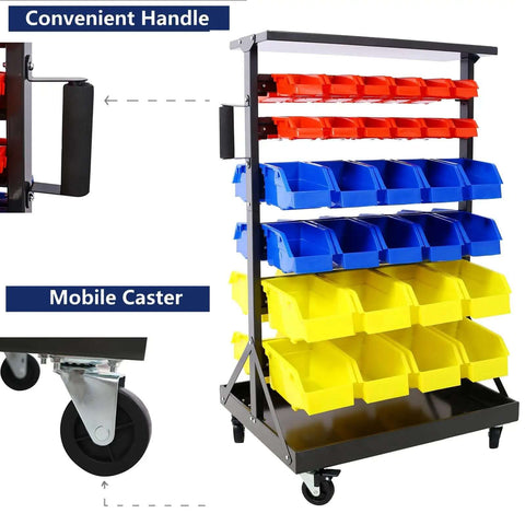 60 Bin Parts Bin Rack For Garage Storage 6 Tier Dual Sided Rolling Steel Shelf 350 Lb Capacity Heavy Duty Portable Wheels Mobile Tool Organizer With Plastic Bins, showing handle and caster details.