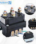 Close-up of 250A 12V Winch Solenoid Relay, waterproof with terminals and wiring details for ATV UTV Truck and Jeep winches up to 5000lbs.