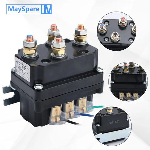 Close-up of 250A 12V Winch Solenoid Relay, waterproof with terminals and wiring details for ATV UTV Truck and Jeep winches up to 5000lbs.