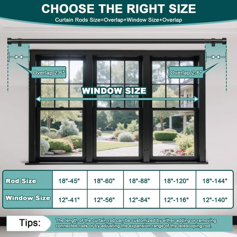 Heavy Duty Adjustable Curtain Rod For Windows 72 To 144 Inch 1 Inch Diameter diagram showing sizing options and window setup.