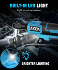 Cordless Three Eighths Inch Electric Ratchet Wrench With Beefy 66 ft-Lbs Torque showing built-in LED light in use.