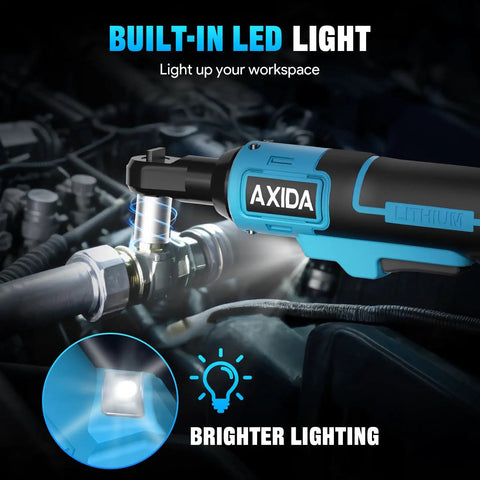 Cordless Three Eighths Inch Electric Ratchet Wrench With Beefy 66 ft-Lbs Torque showing built-in LED light in use.