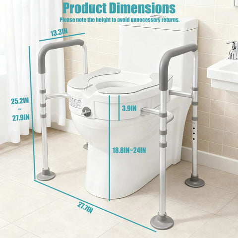 Total Badass Adjustable Raised Toilet Seat With Handles Heavy Duty Aluminum Safety Frame with dimensions shown in bathroom.