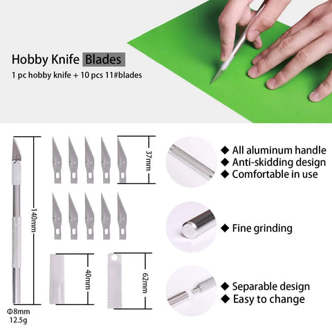 Pro Grade Wallpaper Smoothing Tool Kit 15 Piece Set With Craft Knife And 10 Replaceable Blades, showing blades and grip design.