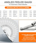 Angled stainless steel feeler gauge with 16 blades, imperial and metric scales.
