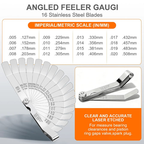 Angled stainless steel feeler gauge with 16 blades, imperial and metric scales.